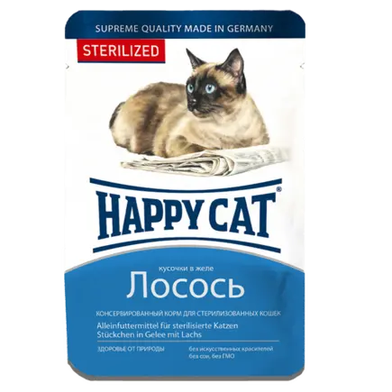 Вологий корм Happy Cat для стерилізованих котів у вигляді шматочків в желе з лососем, 0,1 кг, 1004211