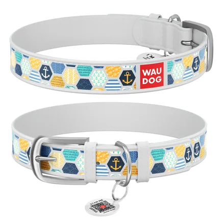 Нашийник WAUDOG Design з малюнком "Морський 2", преміум шкіра, металева пряжка (ширина 12 мм, довжина 19-25 см) білий