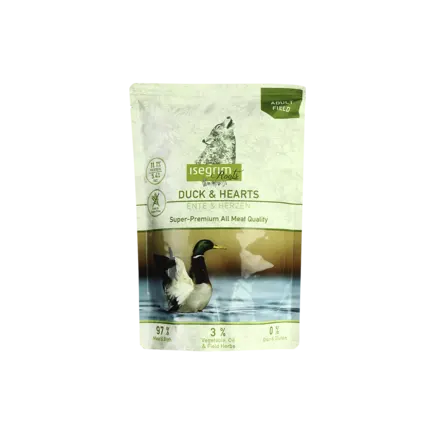 ISEGRIM Pouch Roots Duck & Hearts 410 г Вологий корм для собак. Качка з сердечками, овочами, лляним маслом та травами