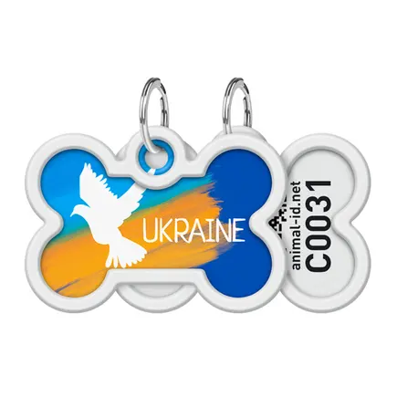 Адресник для собак і котів металевий WAUDOG Smart ID з QR паспортом, малюнок "Прапор", кістка, Д 40 мм, Ш 28 мм