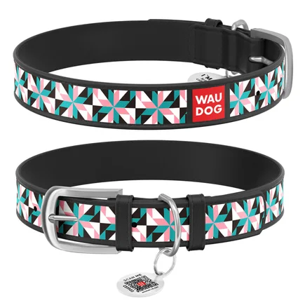 Нашийник WAUDOG Design з малюнком "Снігові квіти", преміум шкіра, металева пряжка (ширина 12 мм, довжина 19-25 см) чорний