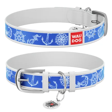Нашийник WAUDOG Design з малюнком "Морська фантазія", преміум шкіра, металева пряжка (ширина 12 мм, довжина 19-25 см) білий