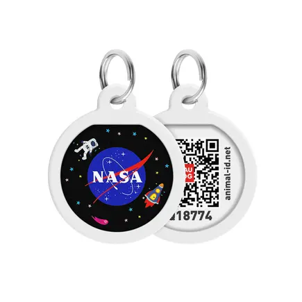 Адресник для собак та котів металічний WAUDOG Smart ID з QR паспортом, малюнок "NASA", круг, Д 25 мм