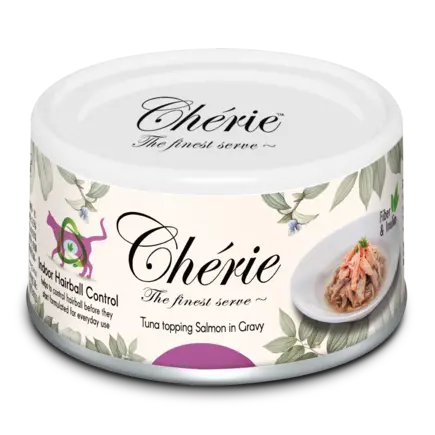 Cherie 80g Hairball Control Tuna topping Salmon in Gravy вологий корм для котів контроль утворення грудочок шерсті зі шматочками тунця та лосося в соусі