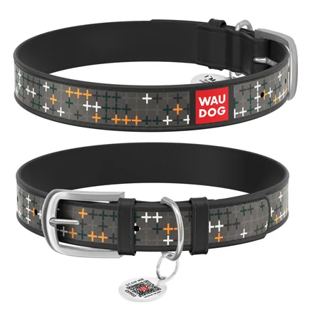 Нашийник WAUDOG Design з малюнком "Хрестики", преміум шкіра, металева пряжка (ширина 12 мм, довжина 19-25 см) чорний
