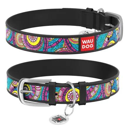 Нашийник WAUDOG Design з малюнком "Казка", преміум шкіра, металева пряжка (ширина 12 мм, довжина 19-25 см) чорний