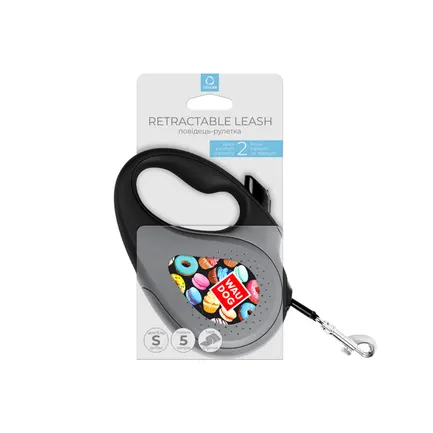 Повідець-рулетка для собак WAUDOG R-leash, малюнок "Пончики", S, до 15 кг, 5 м, світловідбиваюча стрічка чорний: додаткове фото 3