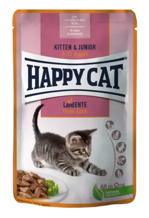 Вологий корм Happy Cat Kitten & Junior LandEnte у вигляді шматочків в cоусі для кошенят з качкою