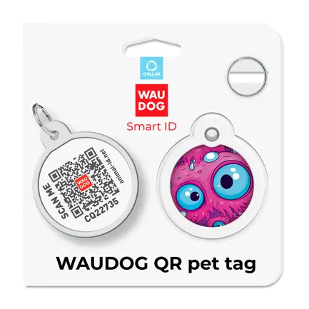Адресник для собак і котів металевий WAUDOG Smart ID з QR паспортом, малюнок "Око монстра", коло, Д 30 мм: додаткове фото 5