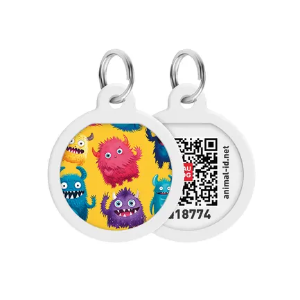 Адресник для собак і котів металевий WAUDOG Smart ID з QR паспортом, малюнок "Мохнаті монстри", коло, Д 25 мм