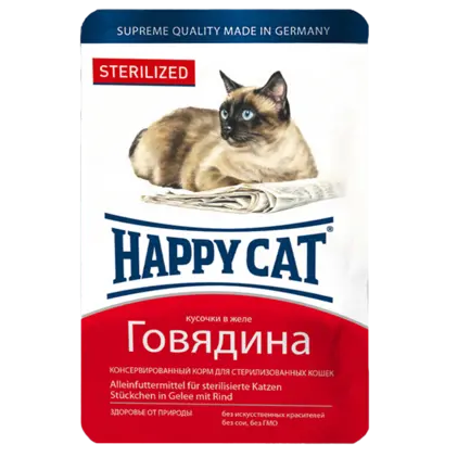 Вологий корм Happy Cat для стерилізованих котів у вигляді шматочків в желе з яловичиною, 0,1 кг, 1004212
