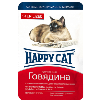 Вологий корм Happy Cat для стерилізованих котів у вигляді шматочків в желе з яловичиною, 0,1 кг, 1004212