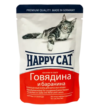 Вологий корм Happy Cat для котів у вигляді шматочків в cоусі з яловичиною та бараниною, 0,1 кг 1002314