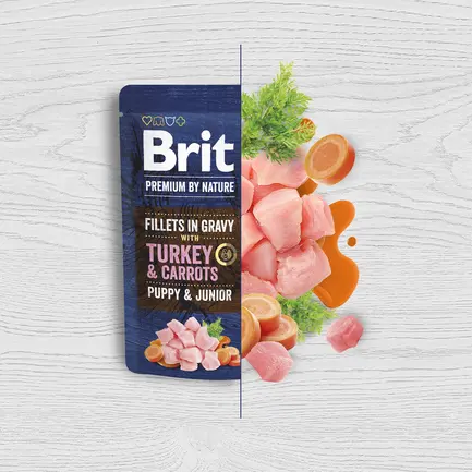 Корм вологий Brit Premium Fillets in Gravy Turkey &amp; Carrots Puppy для цуценят малих порід філе в соусі індичка і морква 85 г — Фото 1