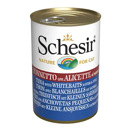 Schesir Tuna with Whitebaits ШЕЗІР ТУНЕЦЬ З АНЧОУСАМИ в бульйоні натуральні консерви для котів, вологий корм, банка 140г 0,14 кг