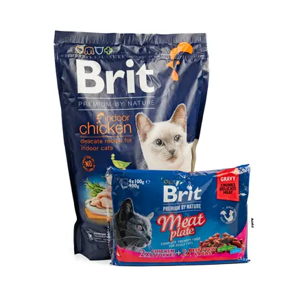 НАБІР Корм сухий Brit Premium Indoor Chicken д/домашніх котів курка 1,5 кг + 4 паучі М&#039;ясна тарілка