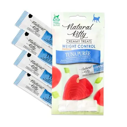 Natural Kitty Fuctional Creamy Treat Tuna Puree Weight Control/Sterilised Крем-снеки для котів, пюре з тунця (контроль ваги/для стерилізованих), 4х12г