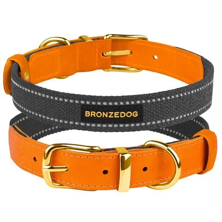 Нашийник для Собак Bronzedog Сotton Рефлекторний х/б+шкіра з Ремінною Пряжкою Графіт M