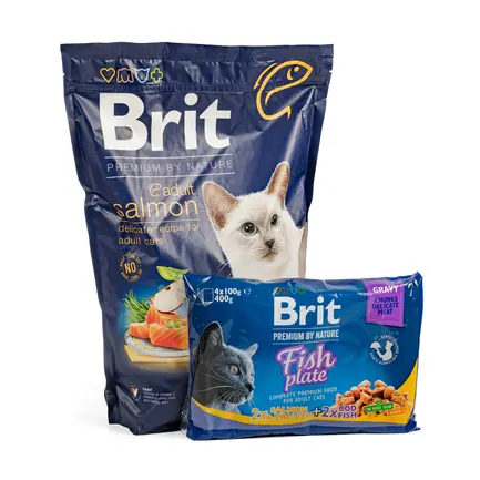 НАБІР Корм сухий Brit Premium Adult Salmon д/котів лосось 1,5 кг + 4 паучі рибна тарілка