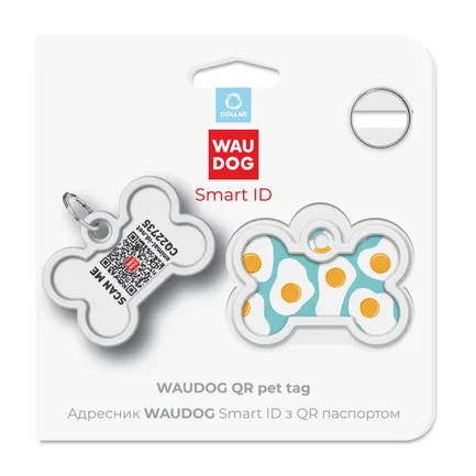 Адресник для собак і котів металевий WAUDOG Smart ID з QR паспортом, малюнок "Яєчня", кістка, Д 40 мм, Ш 28 мм: додаткове фото 5