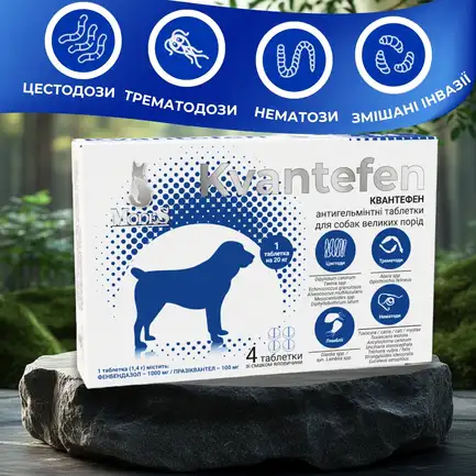 Квантефен (Kvantefen) антигельмінтні таблетки для собак великих порід, 1 таб на 20кг (4 табл.), MODES (від бліх, від кліщів, від гельмінтів): додаткове фото 2