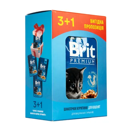 Набір паучів &quot;3+1&quot; для кошенят Brit Premium Cat pouch Chicken Chunks for Kitten з куркою, 4х100г — Фото 5