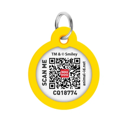 Адресник для собак і котів металевий WAUDOG Smart ID з QR паспортом, малюнок "Смайли на блакитному", коло, Д 30 мм: додаткове фото 3