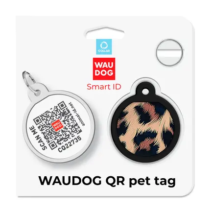 Адресник для собак і котів металевий WAUDOG Smart ID з QR паспортом, малюнок "Леопард", коло, Д 25 мм: додаткове фото 5