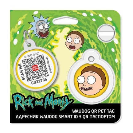 Адресник для собак і котів металевий WAUDOG Smart ID з QR паспортом, малюнок &quot;Рік та Морті 2&quot;, коло, Д 30 мм — Фото 3