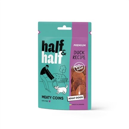 Ласощі для собак Half&amp;Half у формі м&#039;ясних монеток з качкою, 100 г