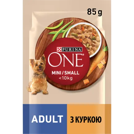 Вологий корм PURINA ONE Mini/Small для дорослих собак дрібних порід шматочки у підливці з куркою, морквою та зеленою квасолею 85 г