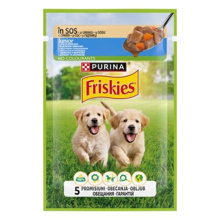 Вологий корм FRISKIES Junior для цуценят шматочки у підливці з куркою та морквою 85 г — Фото 1