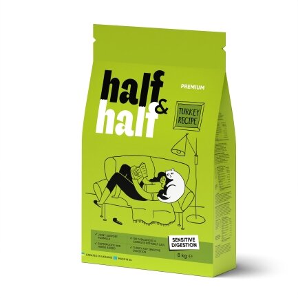 Сухий корм Half&amp;Half для котів із чутливим травленням, з індичкою, 8 кг