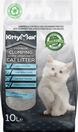Бентонітовий наповнювач Kitty Max для котячого туалету, з ароматом марсельського мила, білий, 10 л