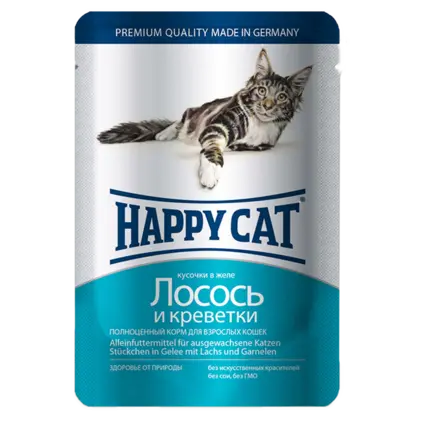 Вологий корм Happy Cat для котів у вигляді шматочків в желе з лососем та криветкою, 0,1 кг, 1002310