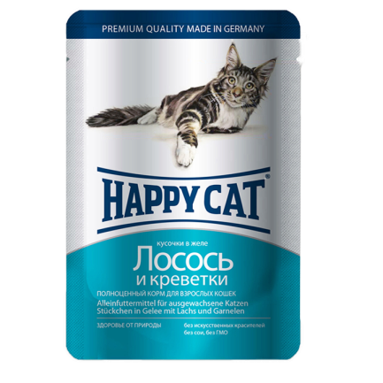 Вологий корм Happy Cat для котів у вигляді шматочків в желе з лососем та криветкою, 0,1 кг, 1002310