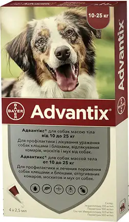 Краплі від бліх і кліщів Bayer Advantix для собак вагою 10-25 кг, ціна за 1 піпетку