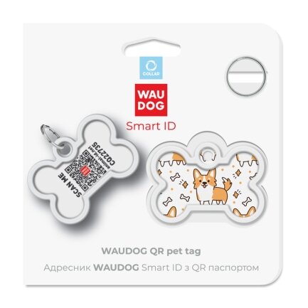 Адресник для собак і котів металевий WAUDOG Smart ID з QR паспортом, малюнок &quot;Коргі&quot;, кістка, Д 40 мм, Ш 28 мм — Фото 4