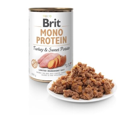 Вологий корм Brit Mono Protein Turkey &amp; Sweet Potato для собак, з індичкою і бататом, 400 г — Фото 1