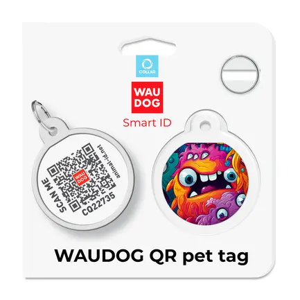 Адресник для собак і котів металевий WAUDOG Smart ID з QR паспортом, малюнок "Зубасті монстри", коло, Д 25 мм: додаткове фото 5