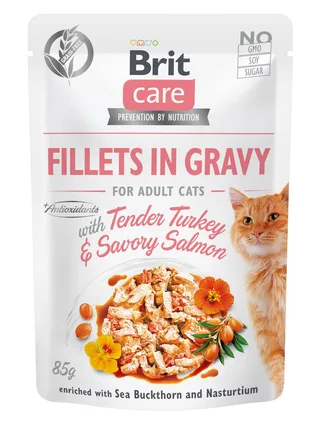Вологий корм Brit Care Cat Pouch для котів, філе в соусі, ніжна індичка і пікантний лосось, 85 г