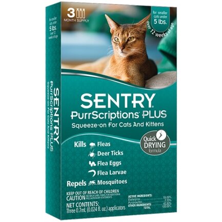 Sentry PurrScriptions Plus СЕНТРІ ПУРРСКРИПШНС ПЛЮС краплі від бліх, кліщів, комарів для котів вагою до 2.2кг до 2,2кг, 0,7мл, 3 шт/пак (ціна за піпетку)