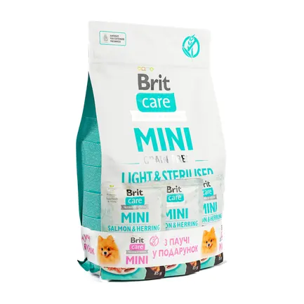 НАБІР Корм сухий Brit Care Mini GF Light and Sterilised д/стерилізованих собак малих порід і надмірною вагою кролик і лосось 2 кг + 3 паучи 85 г
