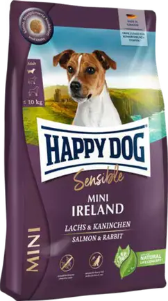 Сухий корм Happy Dog Mini Ireland для собак дрібних порід вагою до 10 кг для нормалізації линьки та собак, що мають проблеми зі шкірою з кроликом та лососем, 300 г