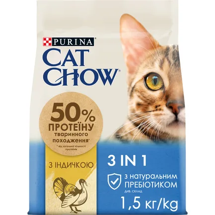 Сухий корм CAT CHOW Feline 3-in-1 для дорослих котів з формулою потрійної дії з куркою 1,5 кг