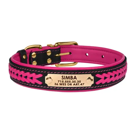 Нашийник для Собак Шкіряний BronzeDog Premium з Литою Латунною Фурнітурою та Адресником Чорно-Рожевий M: додаткове фото 3