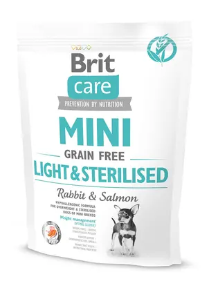 Сухий корм Brit Care GF Mini Light & Sterilised для дорослих собак дрібних порід із зайвою вагою або стерилізованих, з кроликом та лососем, 400 г