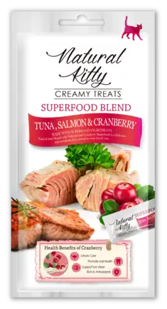 Natural Kitty Creamy Treats Tuna with salmon & cranberry Крем-снек для котів зі смаком тунця, лосося та журавлини, 4х12г