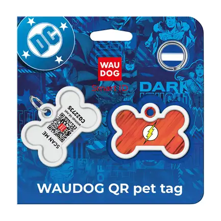 Адресник для собак і котів металевий WAUDOG Smart ID з QR паспортом, малюнок "Флеш лого", кістка, Д 40 мм, Ш 28 мм: додаткове фото 5