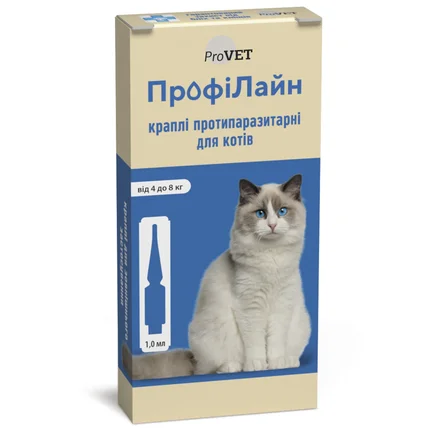 Краплі на холку ProVET «Профілайн» для котів 4-8 кг, 4 піпетки (інсектоакарицид)